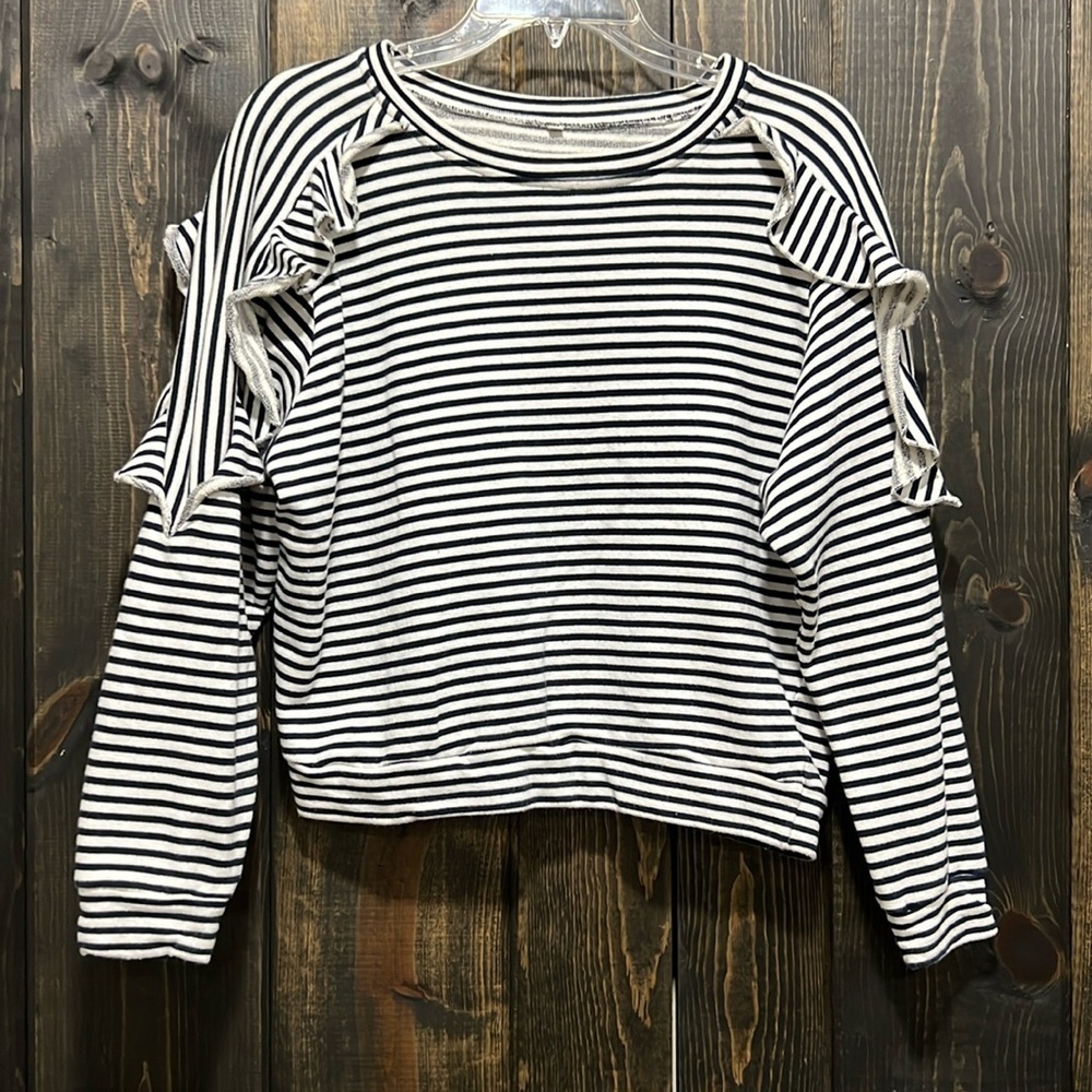 Ruffle‎ Sleeve Striped Sweater S Black White Jersey Knit Casual Cropped Boho